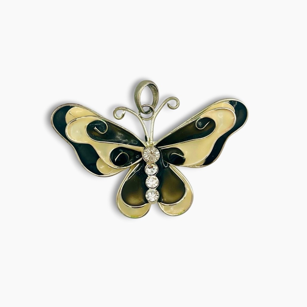 Vintage Best Enamel Butterfly Pendant Brown Cream Silver Rhinestones